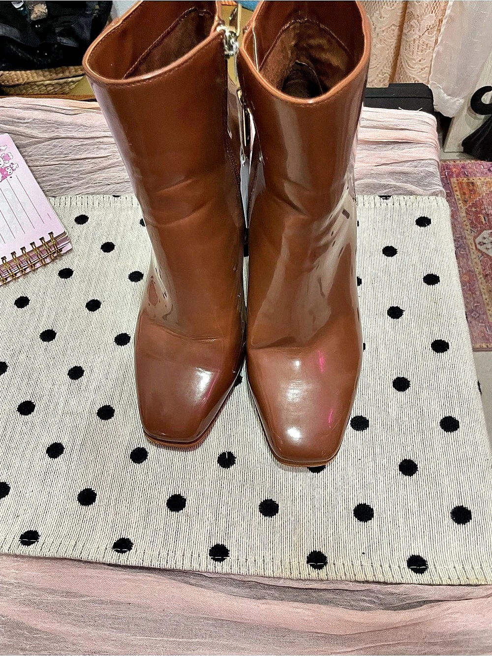 JLO Patent Heeled Boots in Brown